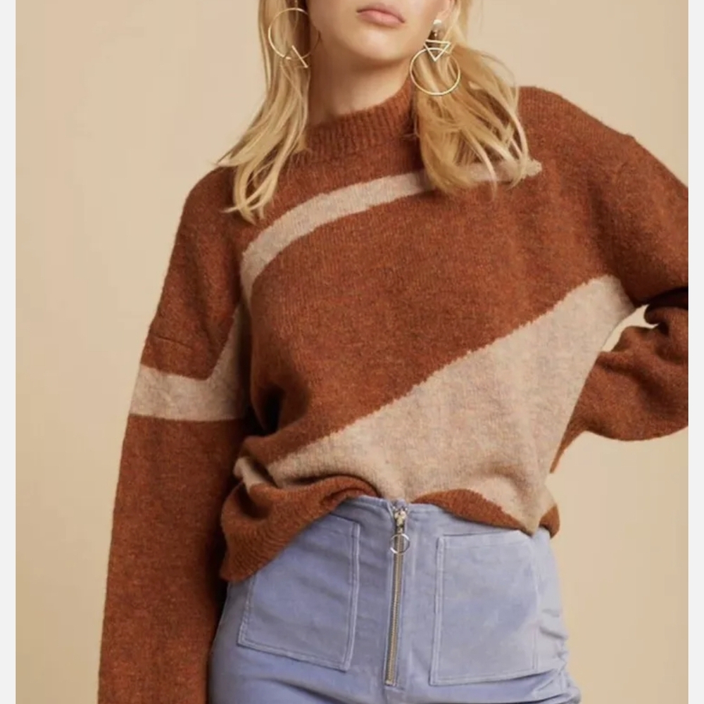 Brown and Cream Crew Neck Sweater with Textured Knit